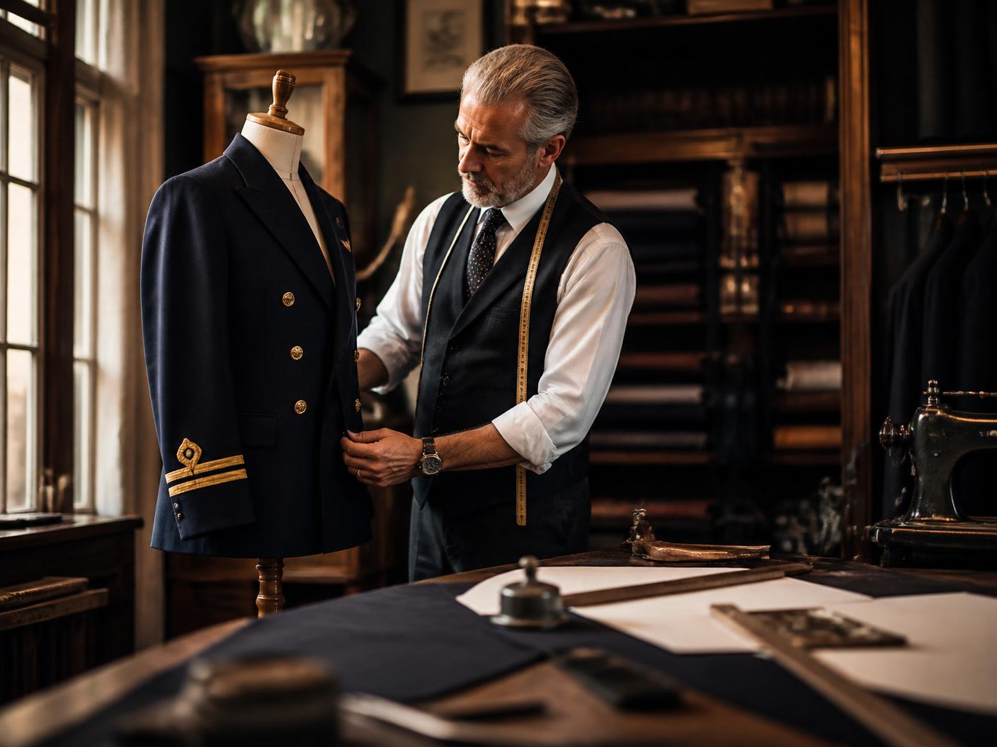 Master tailor inspecting a finished uniform jacket